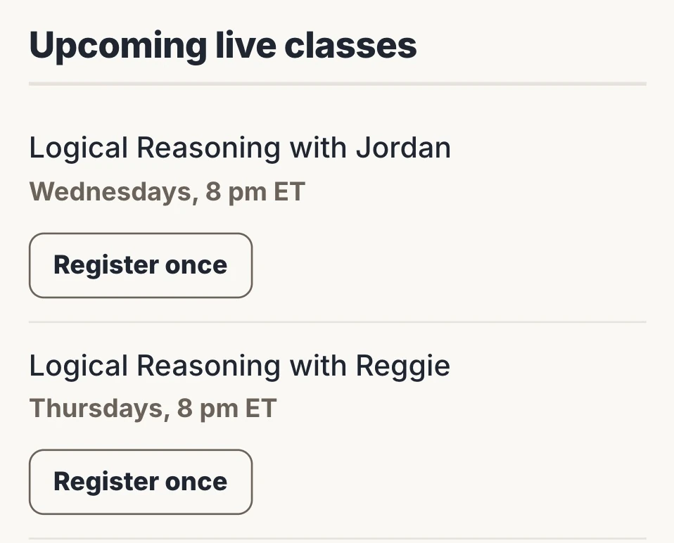 2 upcoming live classes with their coaches, days and times