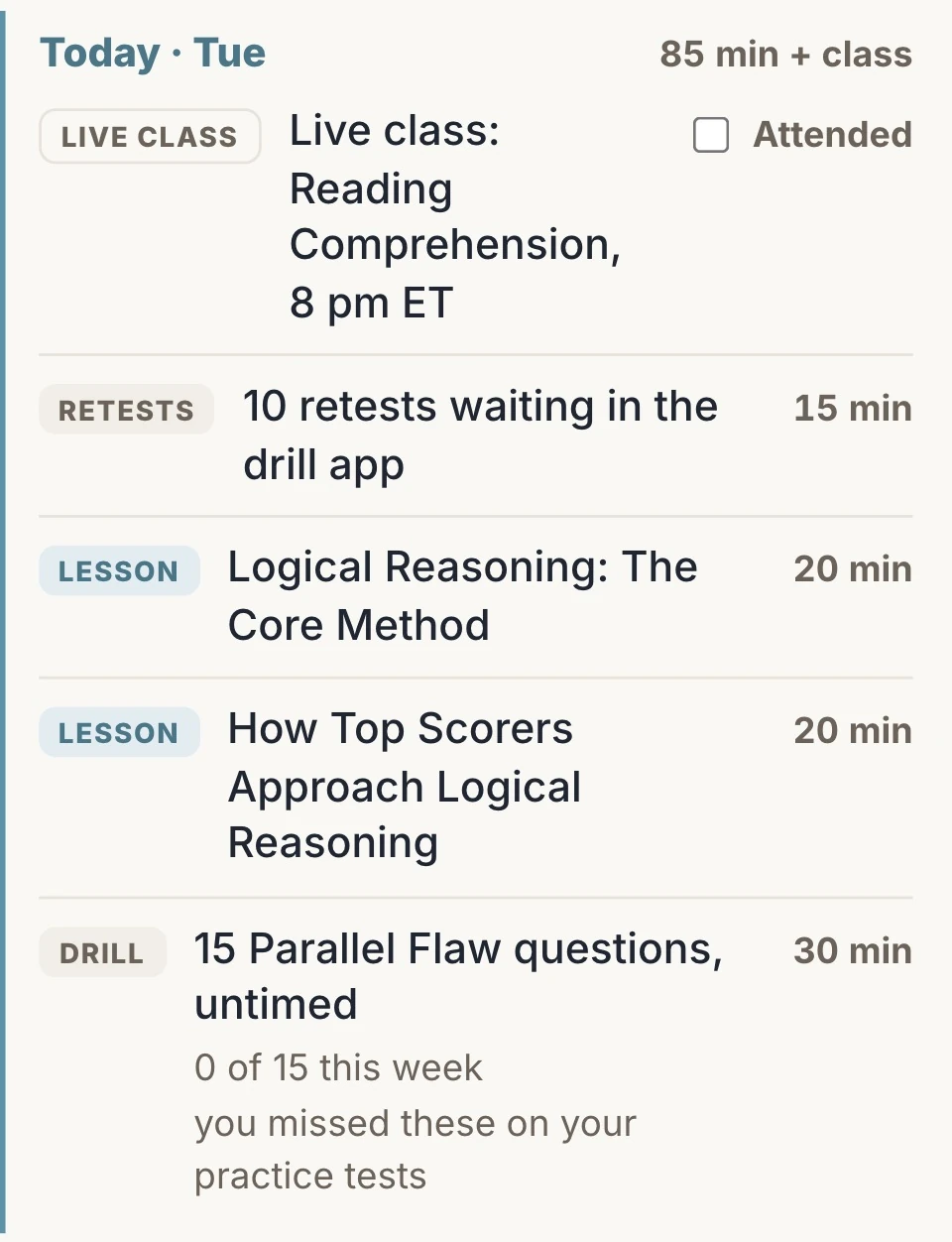 Today in the study plan: a live class, retests, 2 lessons and a drill, with the minutes for each